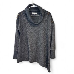 New York Laundry M Gray Cowl Neck Sweater Tortoise Button Shoulder Ribbed Knit